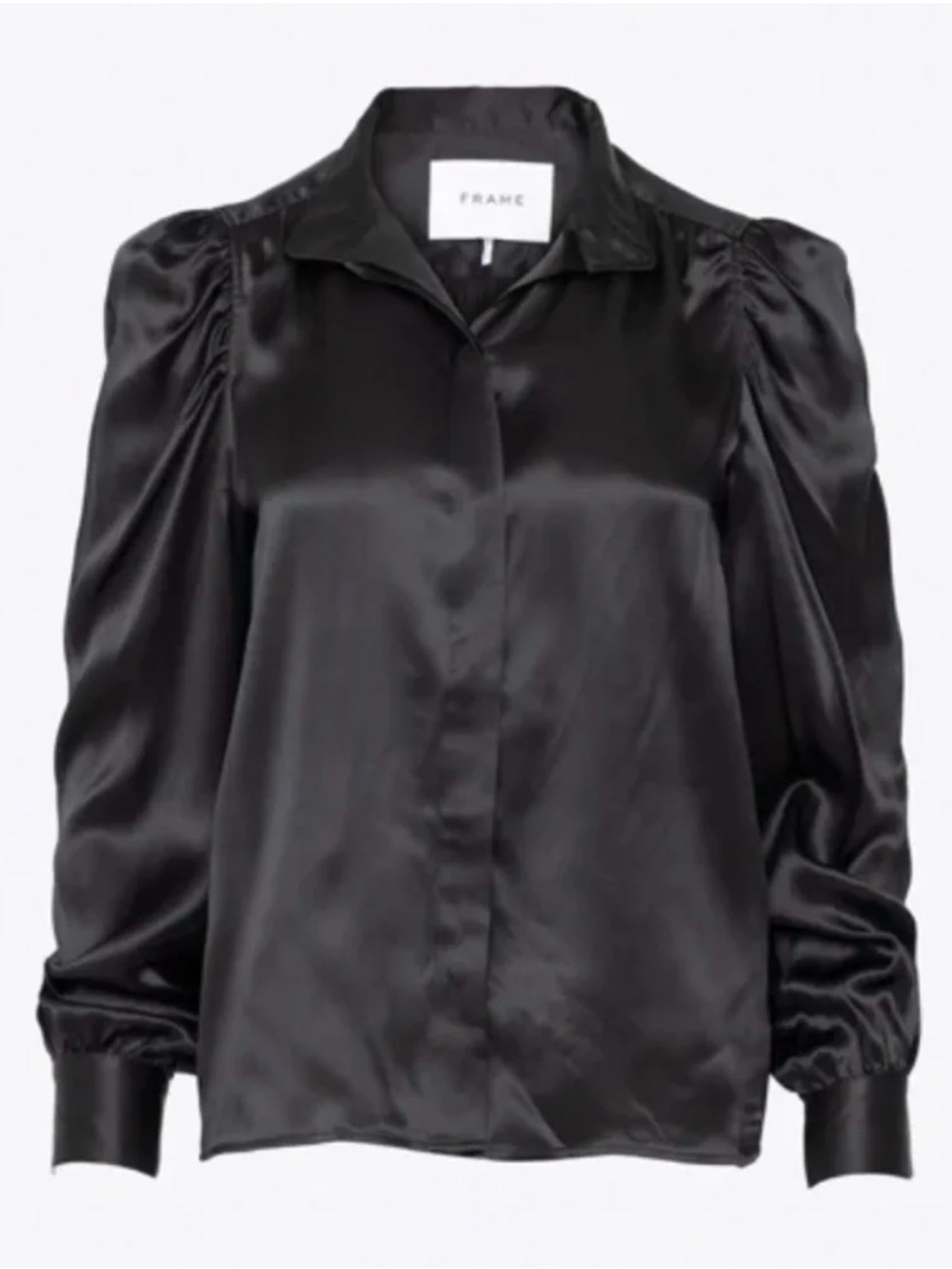 Frame Black Satin Puff-Sleeve Button-Front Blouse NWOT